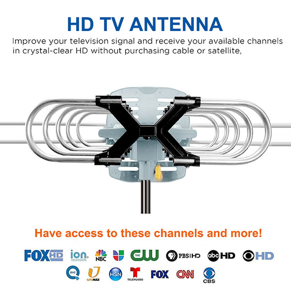  360 度旋轉 OTA 放大戶(hù)外高清電視天線(xiàn) - UHF/VHF/1080P 頻道無(wú)線(xiàn)遙控器
